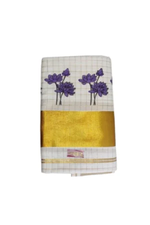 Kerala Kasavu Cotton Checked And Printed Set Mundu Purple Colour